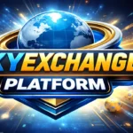 SkyExchange platform logo with globe, trading graphics, and sports betting elements representing an online exchange platform