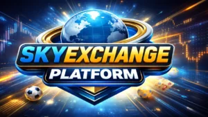 SkyExchange platform logo with globe, trading graphics, and sports betting elements representing an online exchange platform