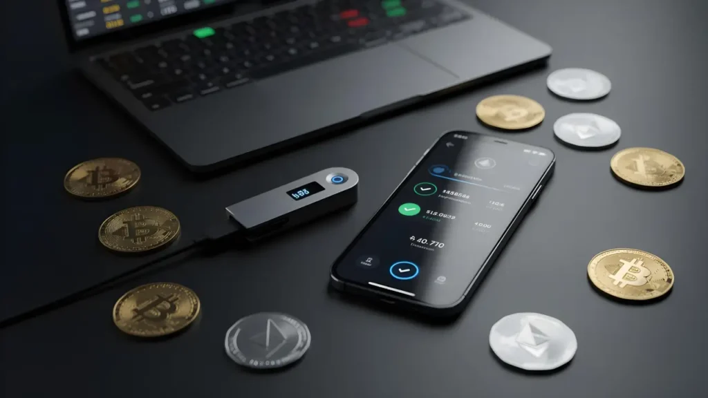 Cryptocurrency betting setup with smartphone wallet app, Bitcoin and Ethereum coins, and laptop