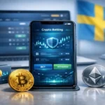 Crypto betting app on smartphone with Bitcoin and Ethereum coins and Swedish flag in background