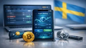 Crypto betting app on smartphone with Bitcoin and Ethereum coins and Swedish flag in background