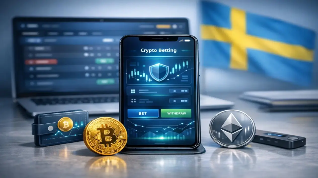 Crypto betting app on smartphone with Bitcoin and Ethereum coins and Swedish flag in background