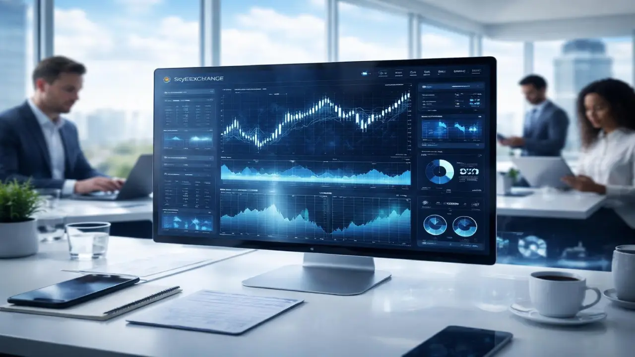 A desktop monitor shows a detailed financial trading interface with charts, graphs, and market data, set on a desk in a bright office with professionals working in the background.