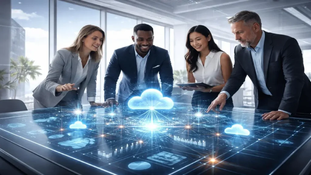 A group of professionals gathered around a futuristic interactive table displaying cloud computing visuals and data connections, collaborating in a modern office environment.