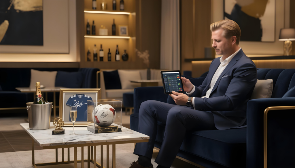 Well-dressed man using a tablet for sports betting in a luxury lounge setting with champagne and sports memorabilia