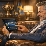 High-roller using a tablet for high-stakes sports betting in a luxury lounge with VIP loyalty program interface