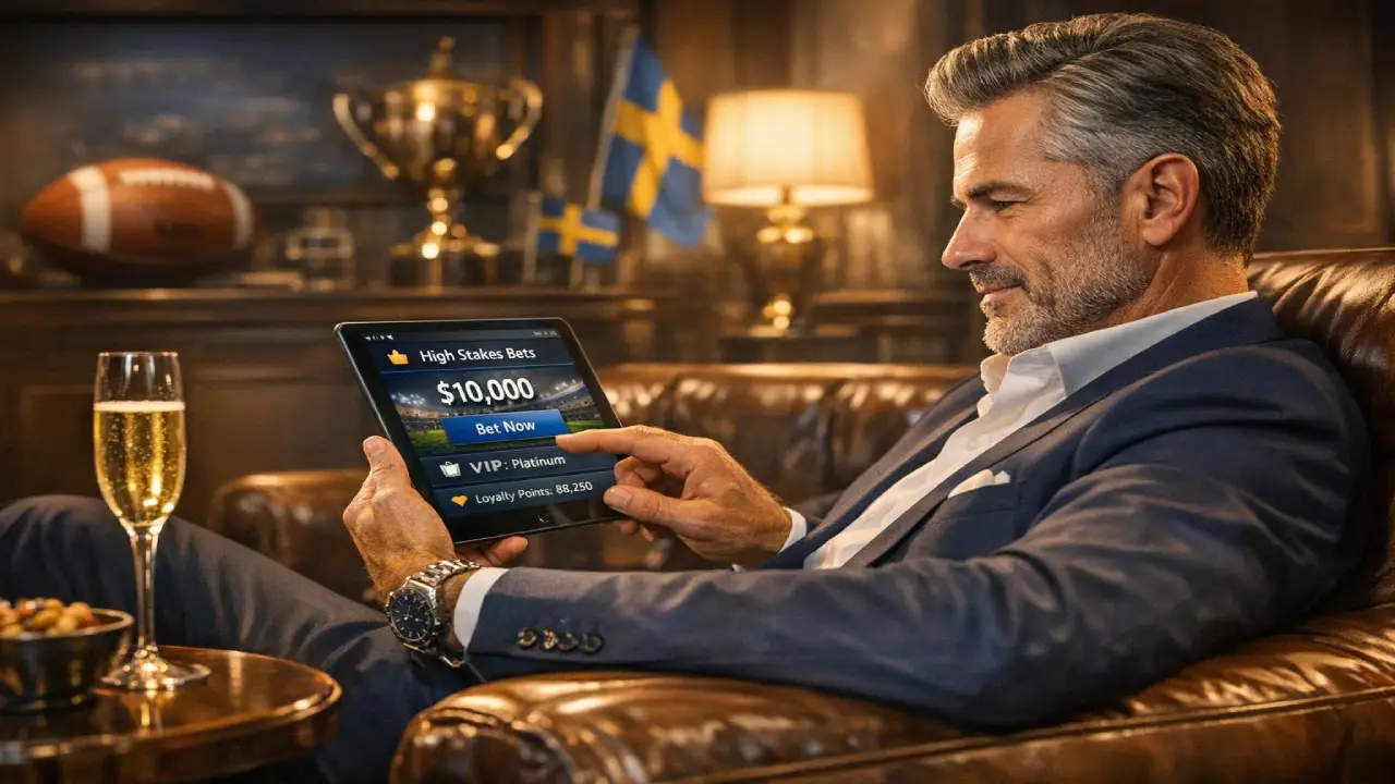 High-roller using a tablet for high-stakes sports betting in a luxury lounge with VIP loyalty program interface