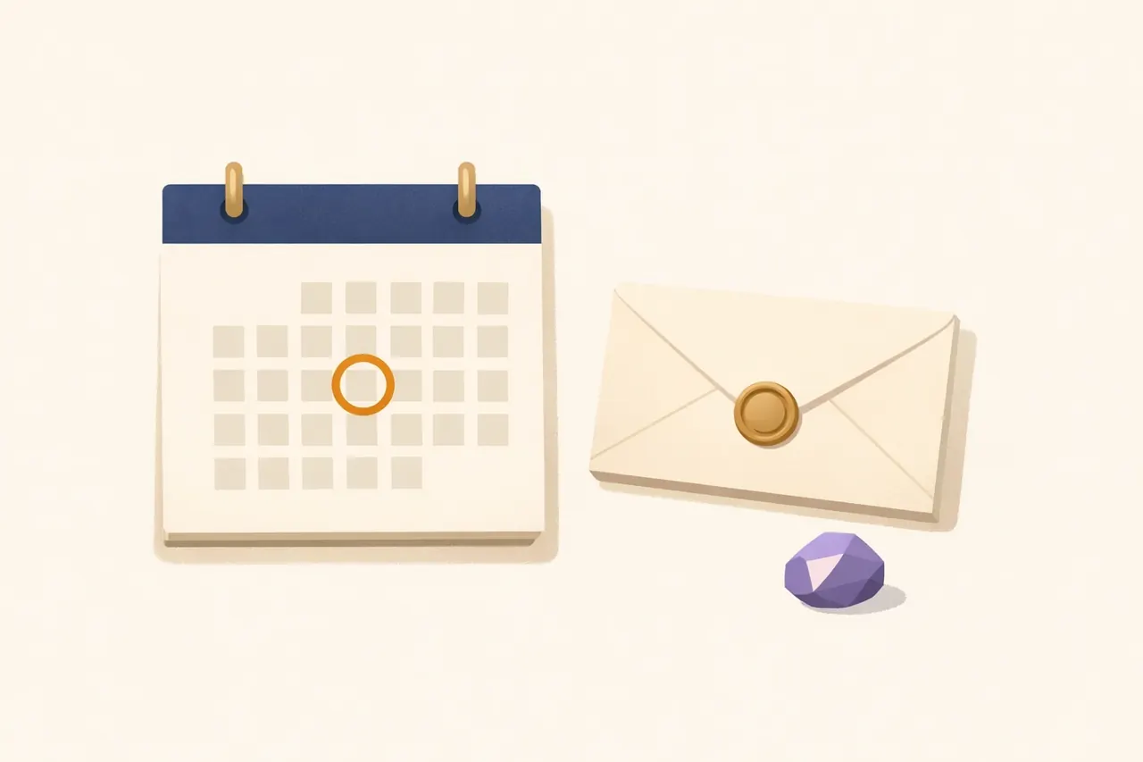 A desk calendar with a circled deadline beside a closed cream envelope with a brass seal, illustrating the tax-record mistake new ETH buyers make on Binance.us