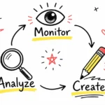 Sketch notes of Monitor, Analyze, Create, how Searchable.com approaches AI visibility