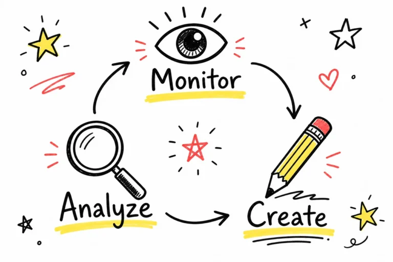 Sketch notes of Monitor, Analyze, Create, how Searchable.com approaches AI visibility