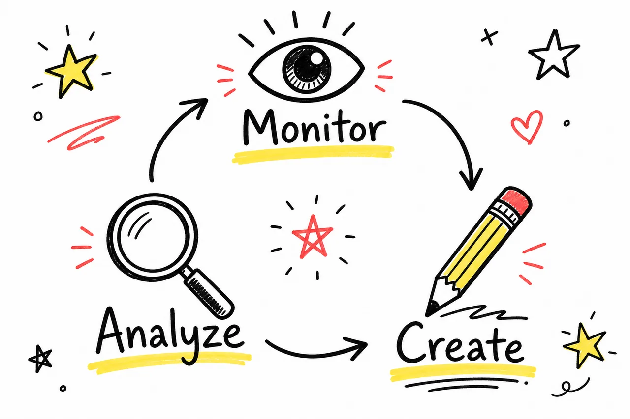 Sketch notes of Monitor, Analyze, Create, how Searchable.com approaches AI visibility