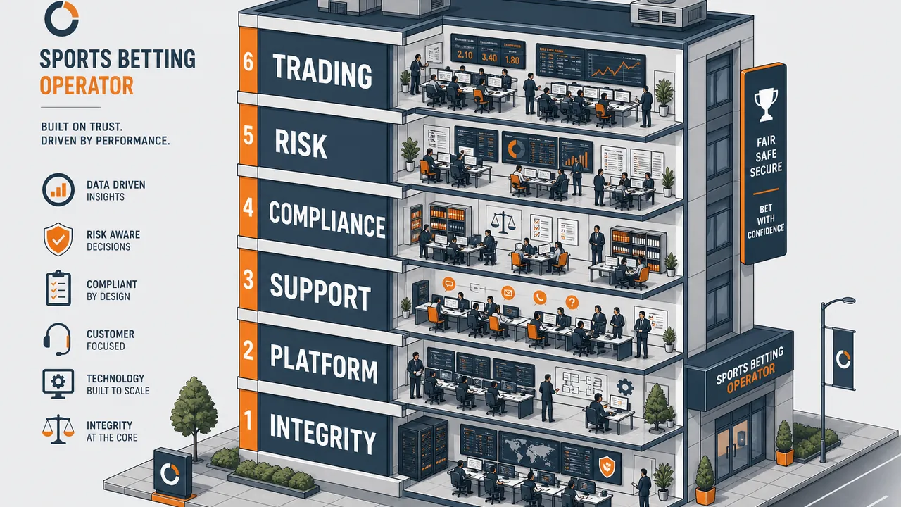 Isometric cross-section of a sports betting operator building layers