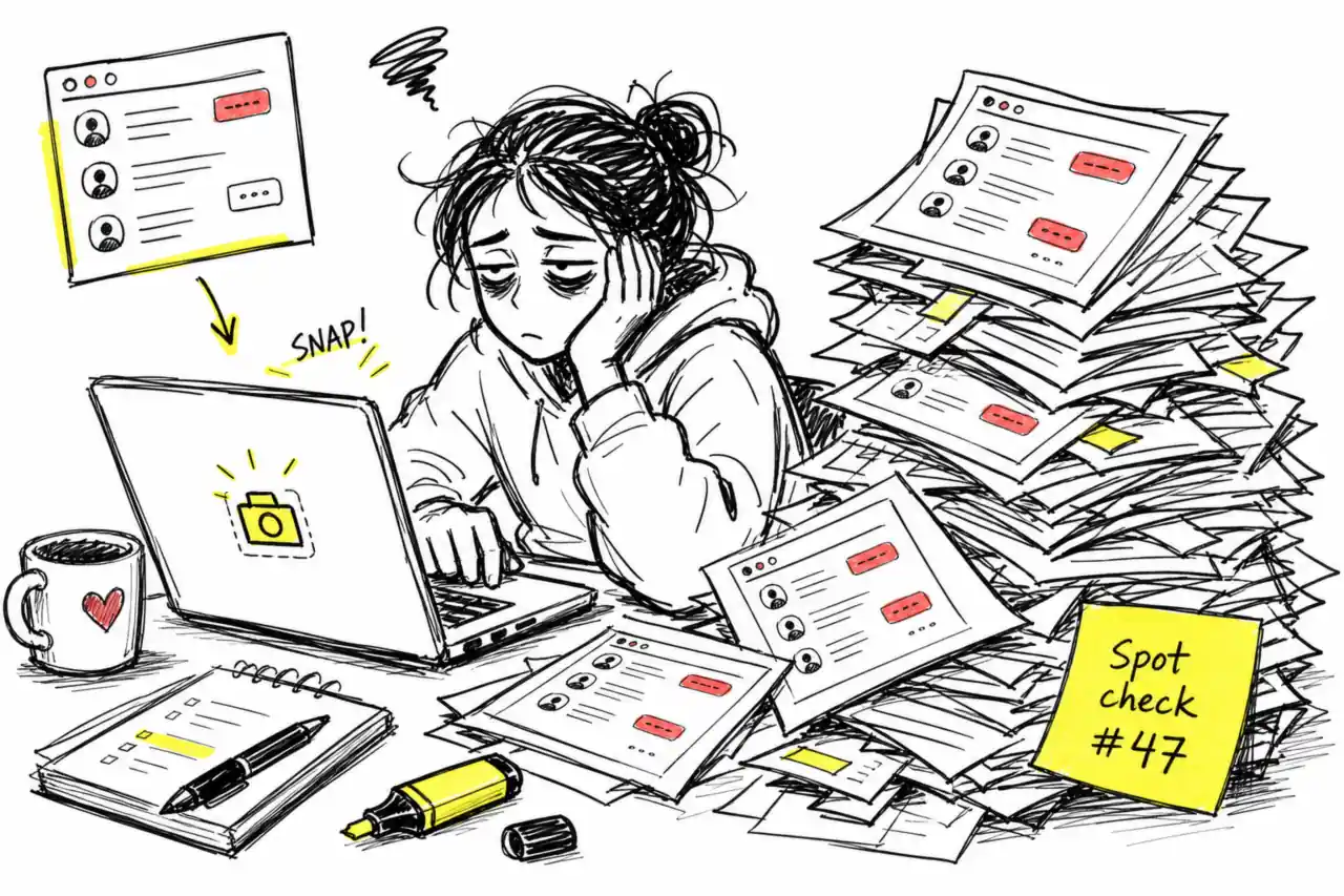 Tired marketer buried in screenshots from manual AI search spot checks