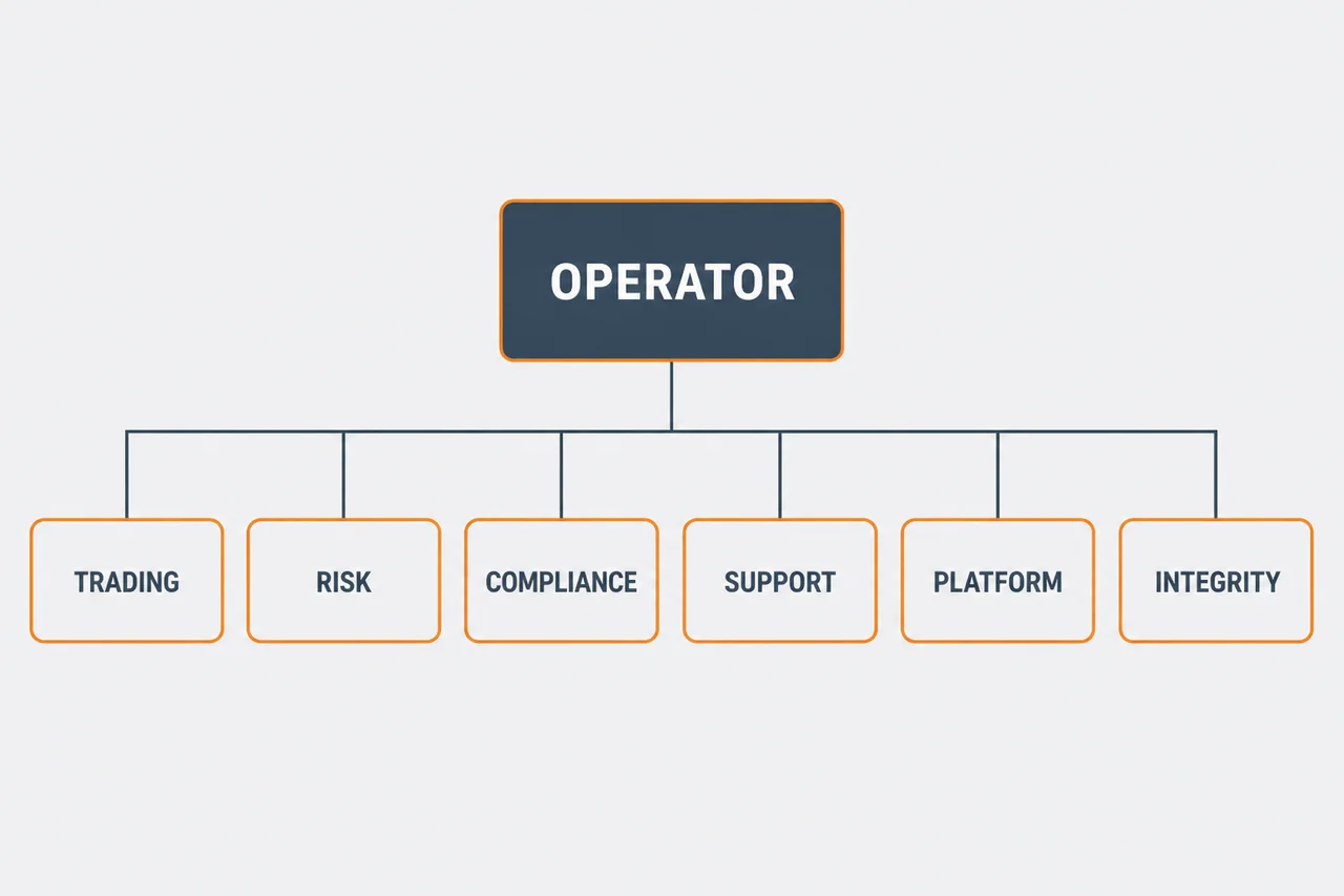 Organisation chart overview of a sports betting operator with six team labels