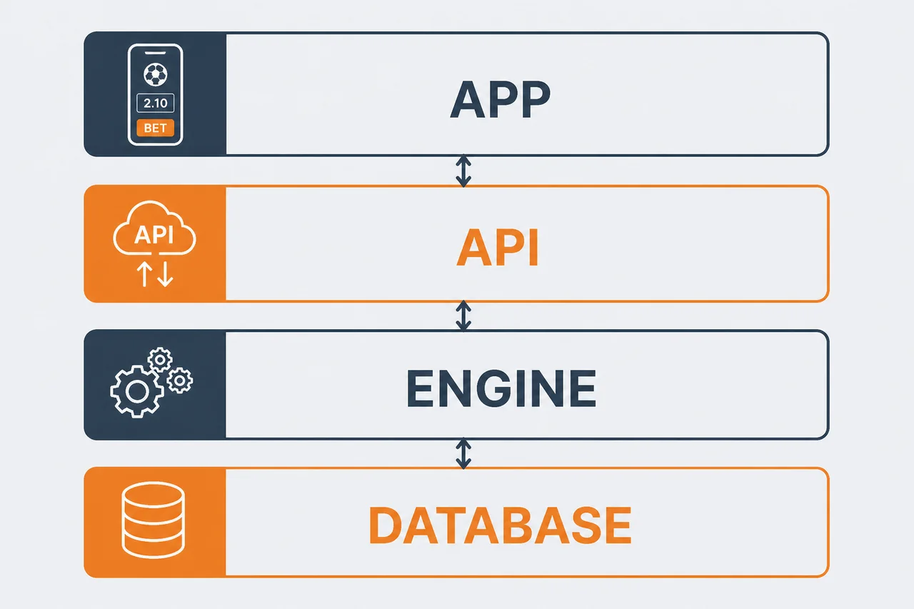 Platform stack diagram of a sports betting operator with four layered boxes