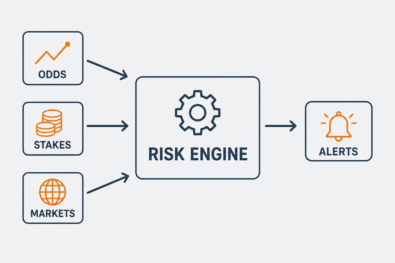 Risk engine diagram for a sports betting operator with input and output arrows