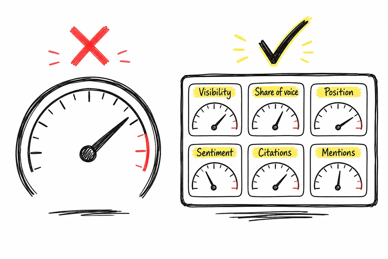 One gauge crossed out beside six labelled AI visibility gauges